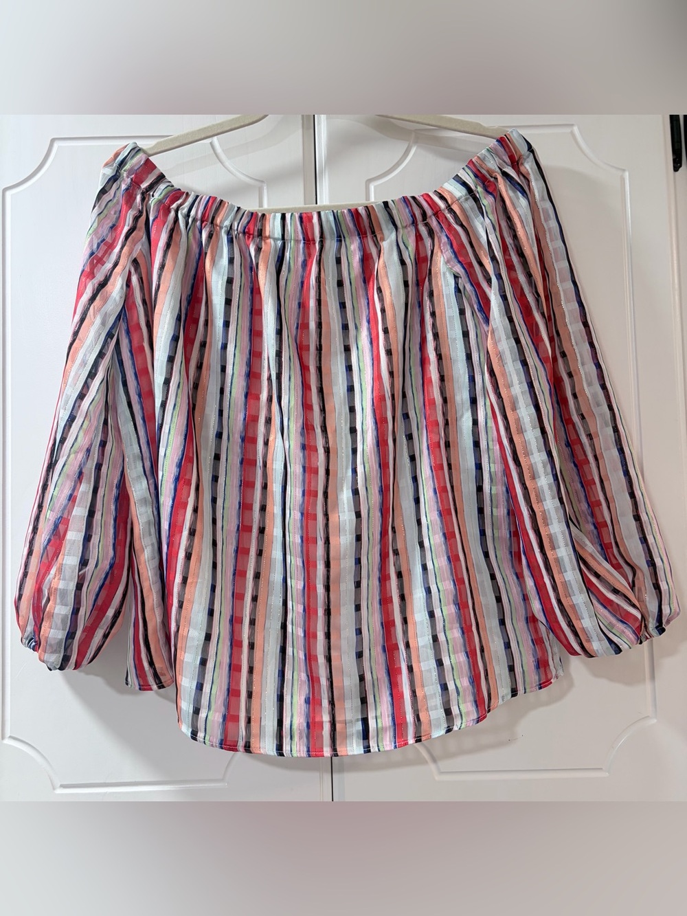 Milly Metallic Striped Off-the-Shoulder Top Sheer Lurex Boho Blouse Small